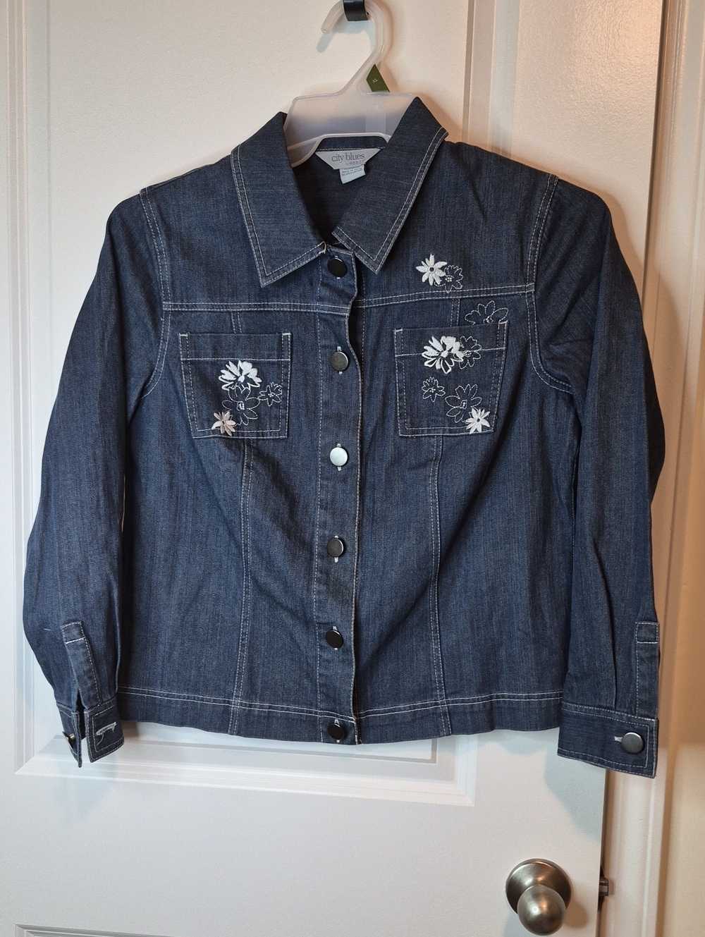 Koret Dark Blue Denim Jacket with White Floral Embroidery